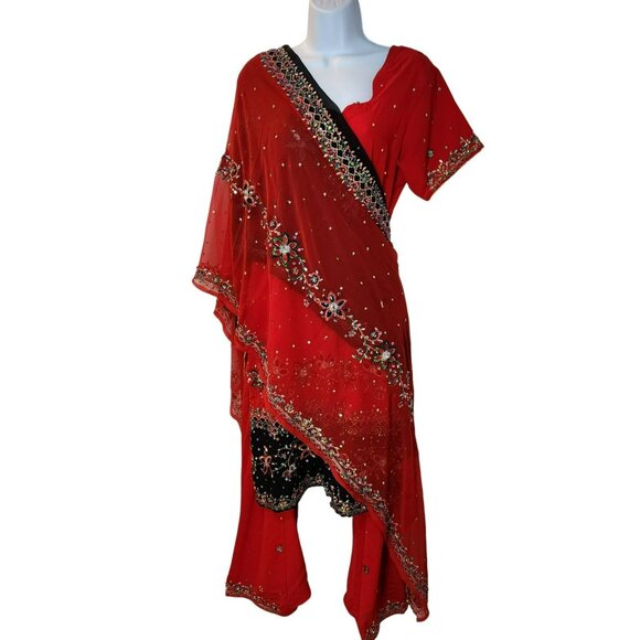 Punjabi Suit Est. L Red Black 3pc Embroidered + Bells Dupatta Desi Festival Y2K - Picture 3 of 15